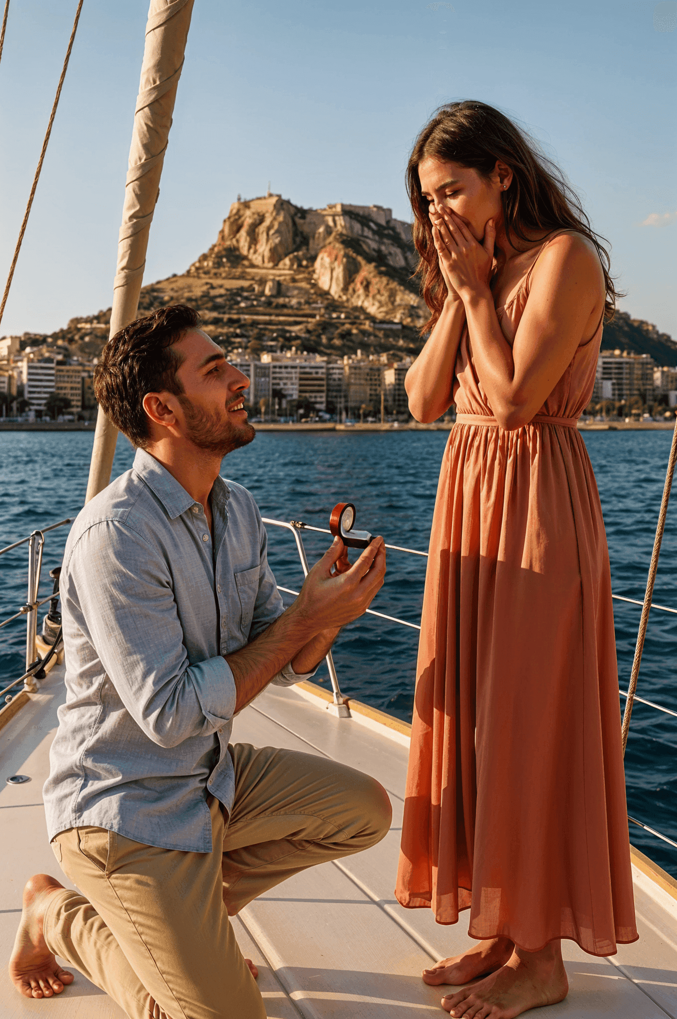 una escena romántica en vertical, en un velero, con fondo de la costa de Alicante.