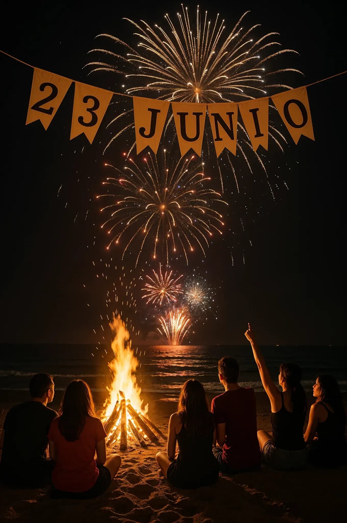 Grupo de personas sentadas en la playa frente a una hoguera, mirando fuegos artificiales sobre el mar durante la noche de San Juan, con una pancarta de '23 JUNIO' colgada sobre sus cabezas.