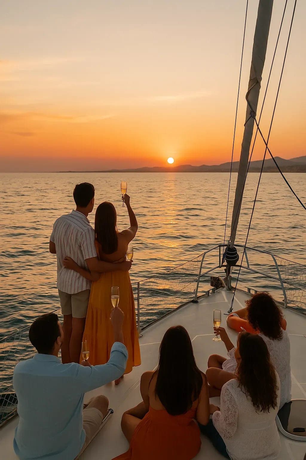 Grupo de amigos brindando con cava al atardecer en un velero frente a la costa de Alicante durante una experiencia de alquiler privado de barco.