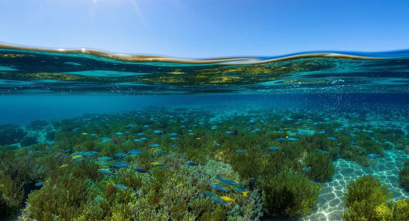 Vista submarina dividida mostrando praderas de posidonia oceánica con peces mediterráneos nadando entre las algas marinas, representando la conservación del ecosistema marino y el turismo náutico sostenible en aguas protegidas