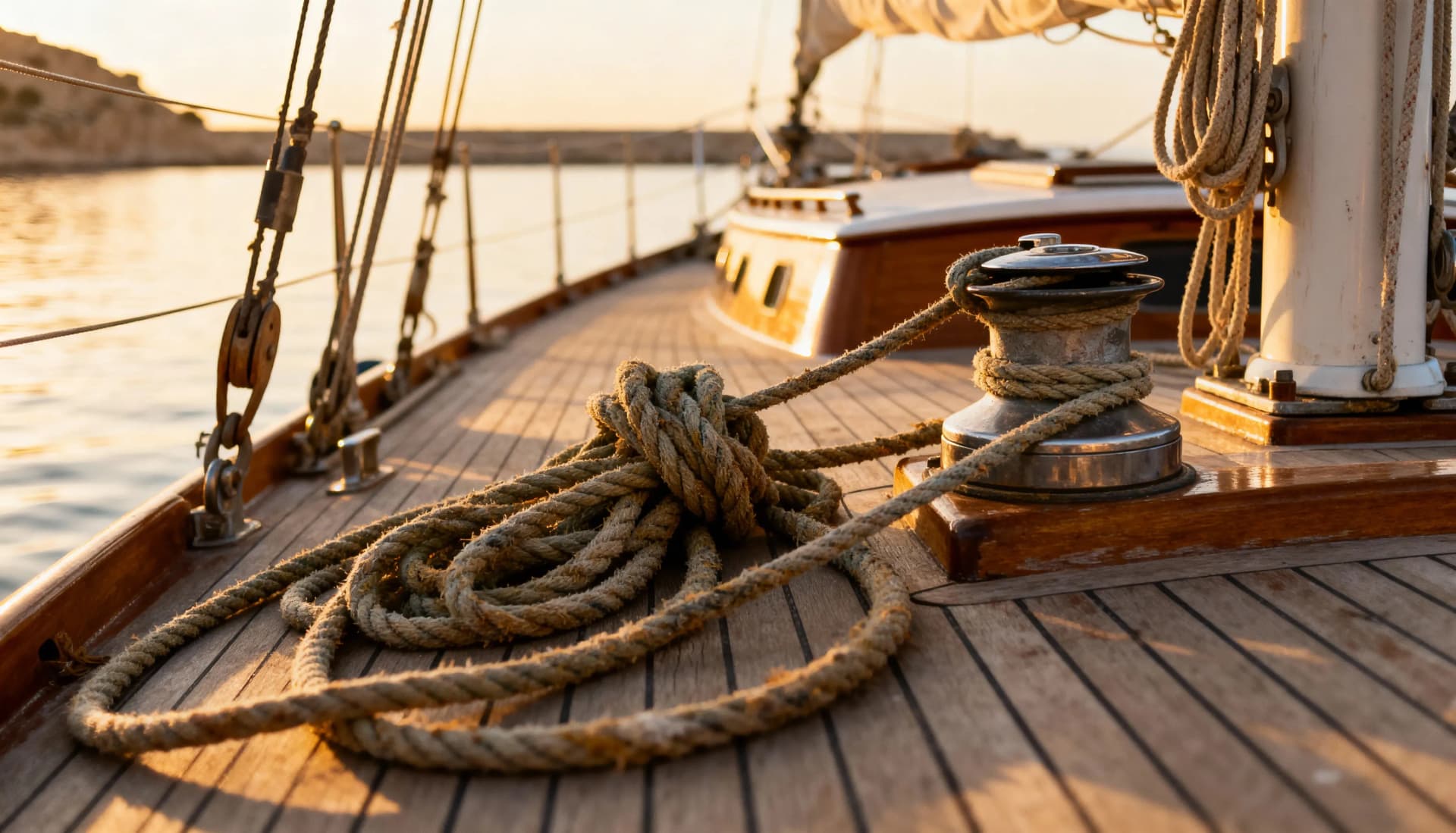 Detalle de equipamiento náutico en embarcación de madera en aguas calmadas del Mediterráneo, luz dorada de otoño en Alicante representando la navegación auténtica en temporada baja