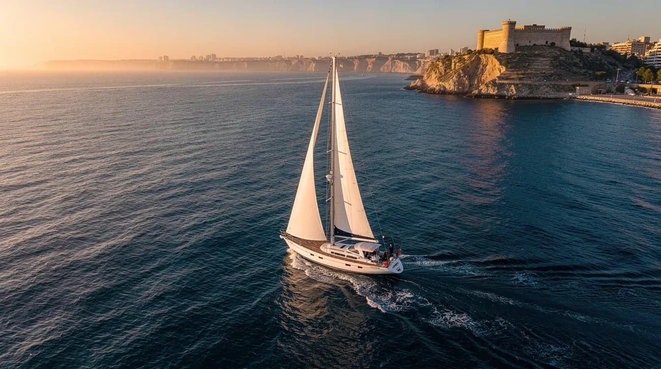 Velero Peggy navegando frente a la costa de Alicante con el Castillo de Santa Bárbara al fondo al atardecer